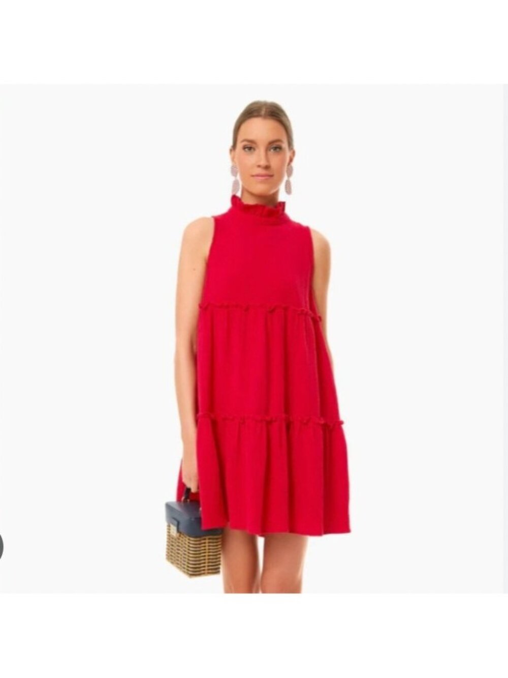 Sleeveless Red Tiered Mock Neck Dress